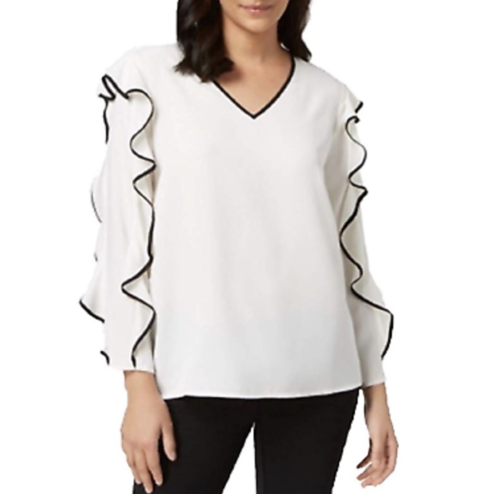 ALFANI Ivory Chiffon Ruffle Sleeve Black Trim Top sz SP EUC